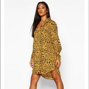 Leopard Print Oversized Dipped Hem Shirt Dress